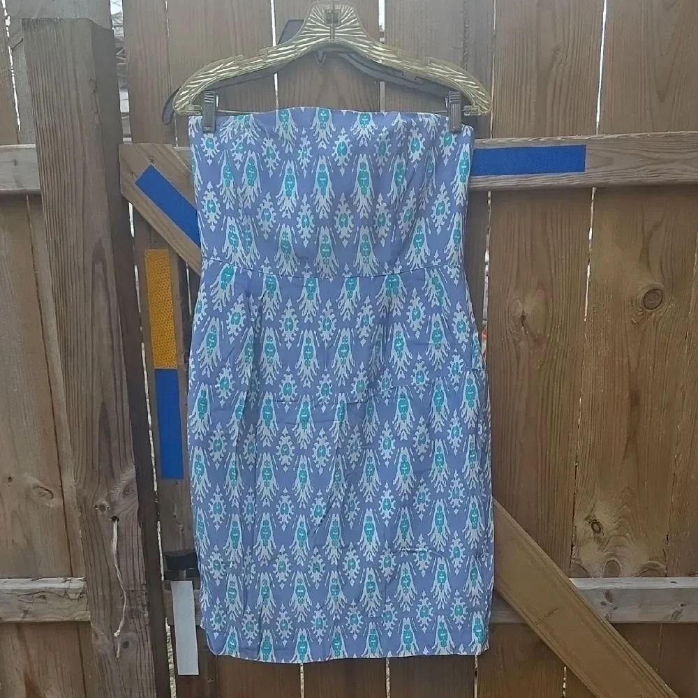 Strapless Blue and White Patterned Dress